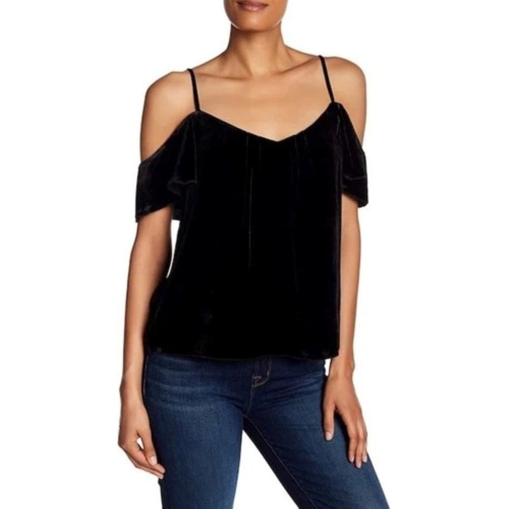 JOIE S Black soft silk blend Velvet Cold Shoulder Cami Top shirt Sweeheart